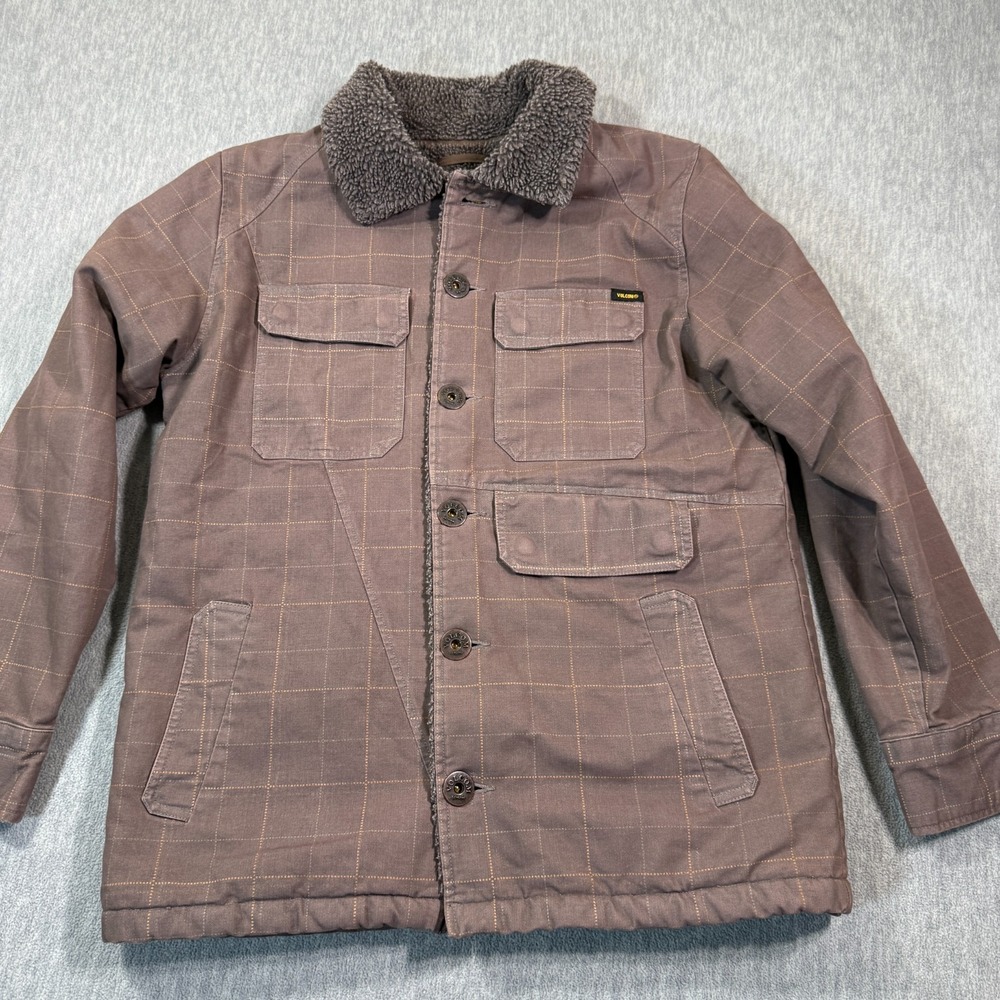 Volcom Jacket Men Medium‎ Brown Plaid Sherpa Lined Work Wear Canvas Chore Coat